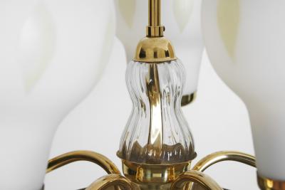 Finnish Brass and Opal Glass Chandelier by Saariston Valaisin Finland ca 1950s