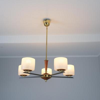 Finnish Design Chandelier in Brass Teak and Glass Finland 1970s
