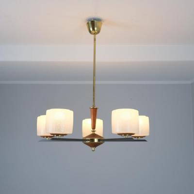 Finnish Design Chandelier in Brass Teak and Glass Finland 1970s