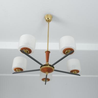 Finnish Design Chandelier in Brass Teak and Glass Finland 1970s