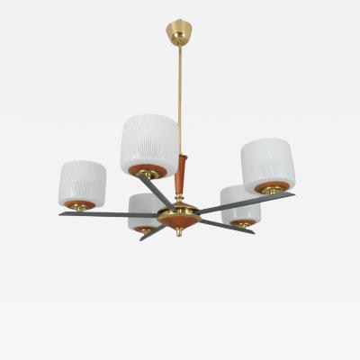 Finnish Design Chandelier in Brass Teak and Glass Finland 1970s