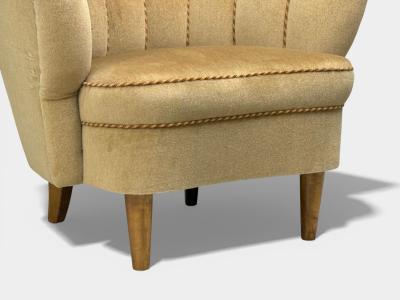 Finnish Modern Lounge Chairs Beige Velvet Wood Finland 1950s