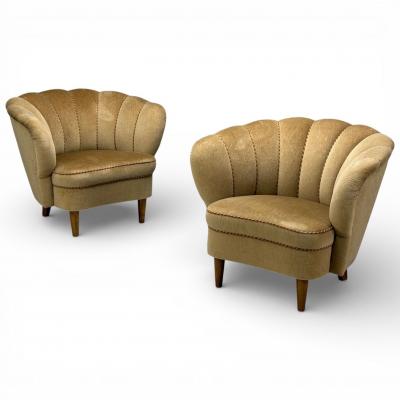 Finnish Modern Lounge Chairs Beige Velvet Wood Finland 1950s