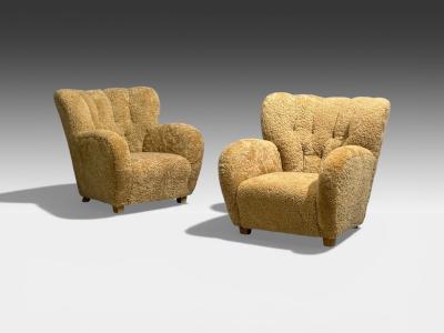 Finnish Modern Organic Lounge Chairs Shearling Wood Finland 1940s