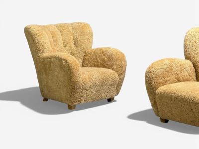 Finnish Modern Organic Lounge Chairs Shearling Wood Finland 1940s
