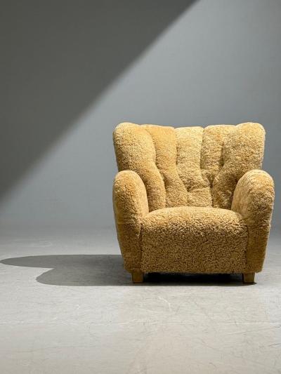 Finnish Modern Organic Lounge Chairs Shearling Wood Finland 1940s