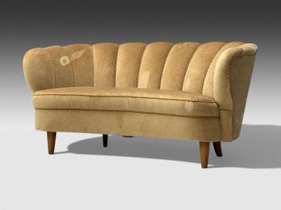 Finnish Modern Settee Beige Velvet Wood Finland 1950s