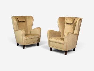 Finnish Modern Wingback Chairs Beige Velvet Wood Finland 1950s