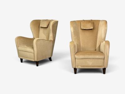 Finnish Modern Wingback Chairs Beige Velvet Wood Finland 1950s
