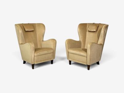 Finnish Modern Wingback Chairs Beige Velvet Wood Finland 1950s