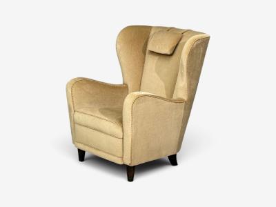 Finnish Modern Wingback Chairs Beige Velvet Wood Finland 1950s