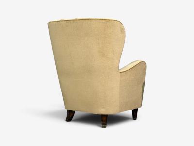 Finnish Modern Wingback Chairs Beige Velvet Wood Finland 1950s