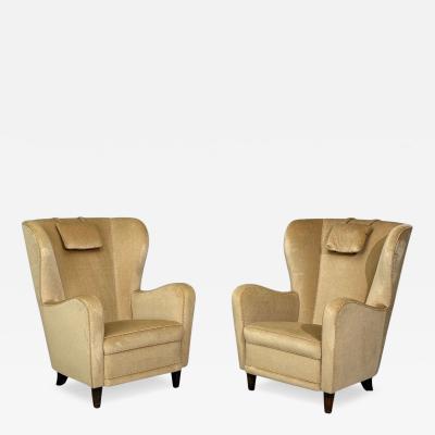 Finnish Modern Wingback Chairs Beige Velvet Wood Finland 1950s