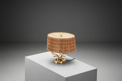 Finnish Six Armed Brass Table Lamp with Aspen Shade Finland Mid 20th Century