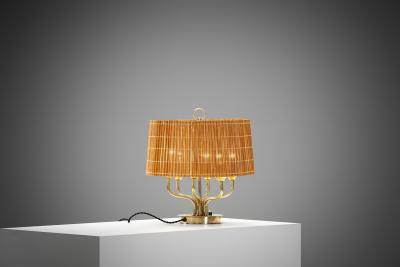 Finnish Six Armed Brass Table Lamp with Aspen Shade Finland Mid 20th Century
