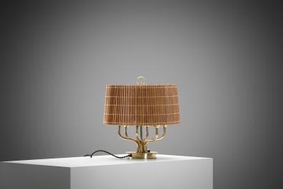 Finnish Six Armed Brass Table Lamp with Aspen Shade Finland Mid 20th Century