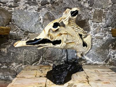 Fish Sculpture Teak Root Handcarved On Black Laquered Base Indonesia 2023