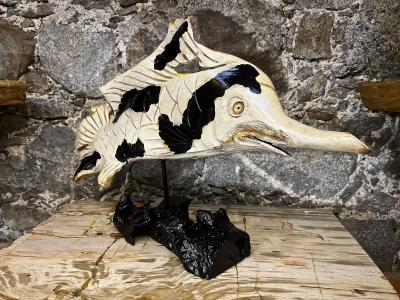 Fish Sculpture Teak Root Handcarved On Black Laquered Base Indonesia 2023