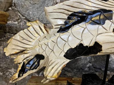 Fish Sculpture Teak Root Handcarved On Black Laquered Base Indonesia 2023