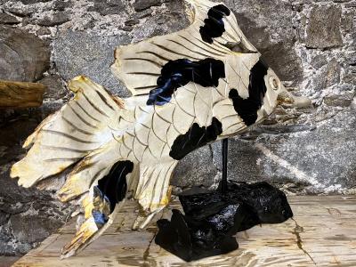 Fish Sculpture Teak Root Handcarved On Black Laquered Base Indonesia 2023