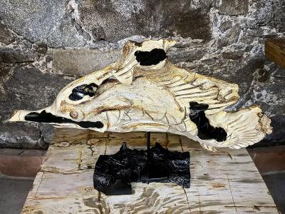 Fish Sculpture Teak Root Handcarved On Black Laquered Base Indonesia 2023