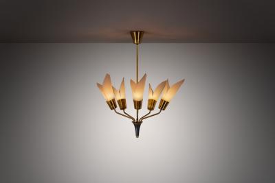 Five Armed Brass Chandelier with Floral Details Europe 1950s