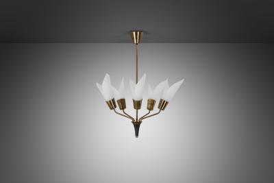 Five Armed Brass Chandelier with Floral Details Europe 1950s