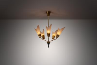 Five Armed Brass Chandelier with Floral Details Europe 1950s