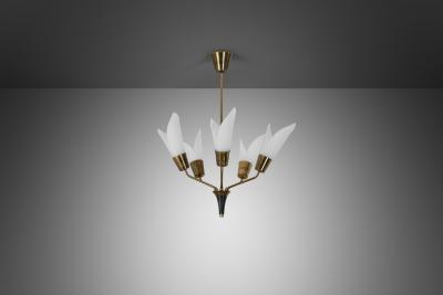 Five Armed Brass Chandelier with Floral Details Europe 1950s