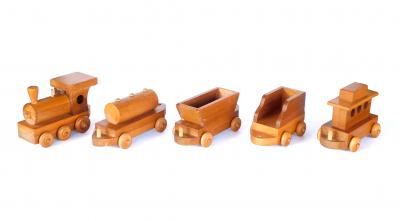 Five piece wooden train set attributed to Montgomery Schoolhouse Vermont