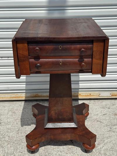 Flaming Mahogany Empire Revival Drop Leaf Sewing Table by Scheide