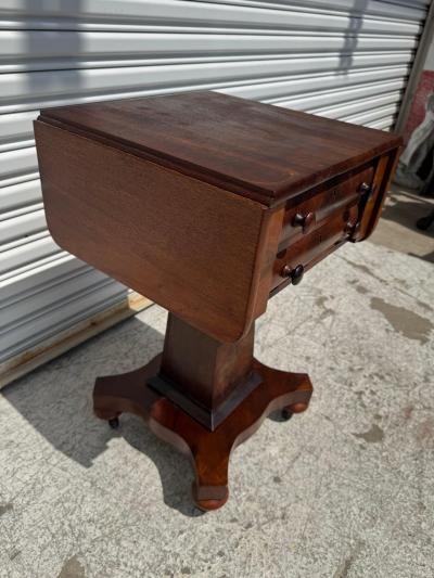 Flaming Mahogany Empire Revival Drop Leaf Sewing Table by Scheide