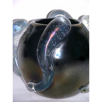 Flavio Costantini Costantini Italian Sculpture Iridescent Black Murano Glass Round Vase
