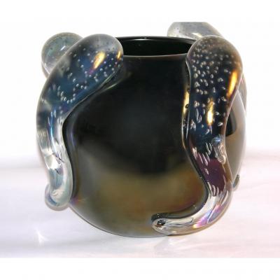 Flavio Costantini Costantini Italian Sculpture Iridescent Black Murano Glass Round Vase