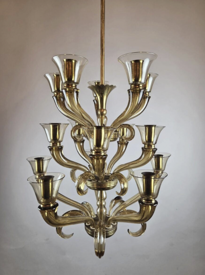 Flavio Poli Glass Chandelier with 15 Light Arms 1940