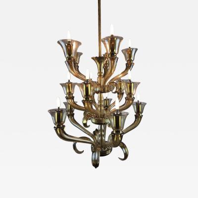 Flavio Poli Glass Chandelier with 15 Light Arms 1940