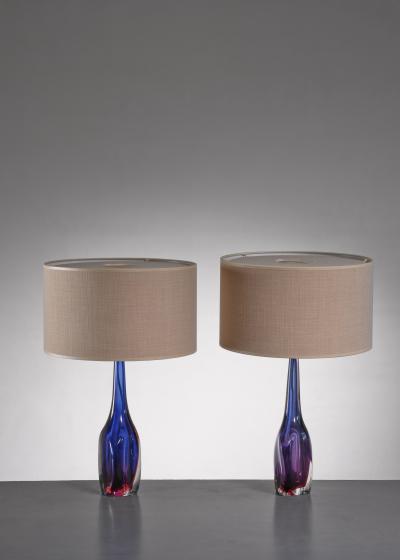 Flavio Poli Pair of purple and blue Arte Nuova Murano glass table lamps