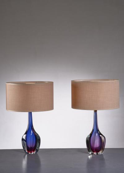 Flavio Poli Pair of purple and blue Arte Nuova Murano glass table lamps