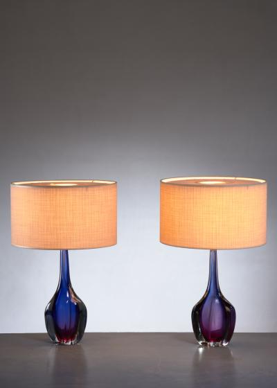 Flavio Poli Pair of purple and blue Arte Nuova Murano glass table lamps