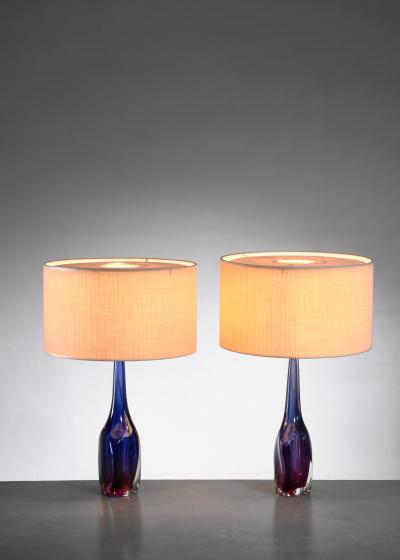 Flavio Poli Pair of purple and blue Arte Nuova Murano glass table lamps