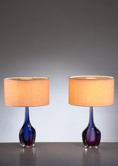 Flavio Poli Pair of purple and blue Arte Nuova Murano glass table lamps