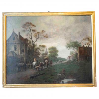 Flemish 18th Century Oil on Canvas Suburban Street with Wayfarers