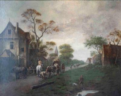 Flemish 18th Century Oil on Canvas Suburban Street with Wayfarers