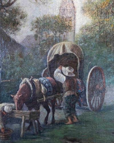 Flemish 18th Century Oil on Canvas Suburban Street with Wayfarers