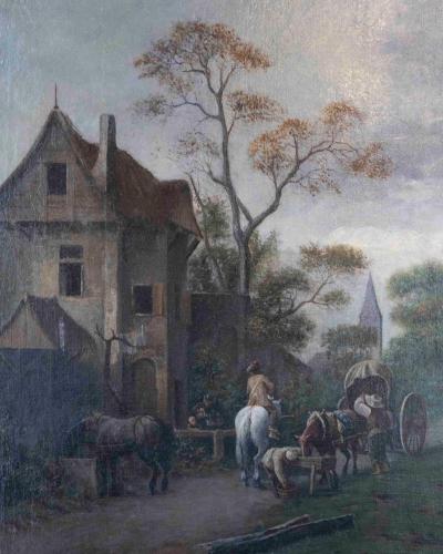 Flemish 18th Century Oil on Canvas Suburban Street with Wayfarers