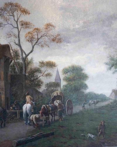 Flemish 18th Century Oil on Canvas Suburban Street with Wayfarers