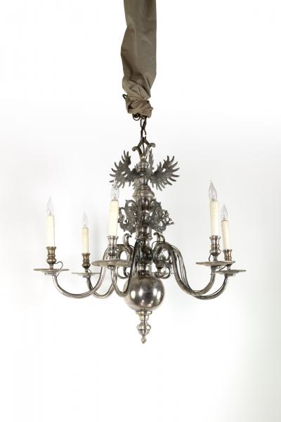 Flemish Silver Plated Bronze Six Light Chandelier Early 20th Century