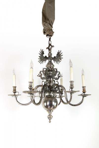 Flemish Silver Plated Bronze Six Light Chandelier Early 20th Century
