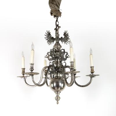 Flemish Silver Plated Bronze Six Light Chandelier Early 20th Century
