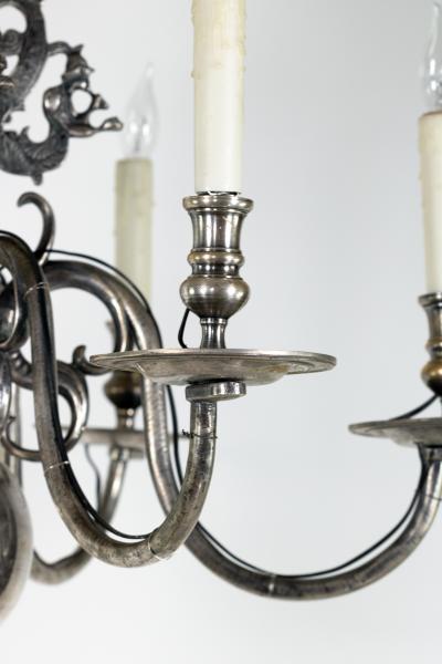 Flemish Silver Plated Bronze Six Light Chandelier Early 20th Century